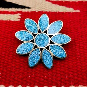 Vintage Mexico Alpaca Silver Crushed Inlay Turquoise Flower Brooch Pendant